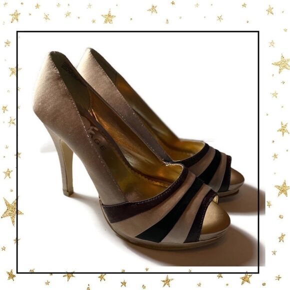 Rampage Beige Brown Peep Toe Fabric Heels - Picture 2 of 7